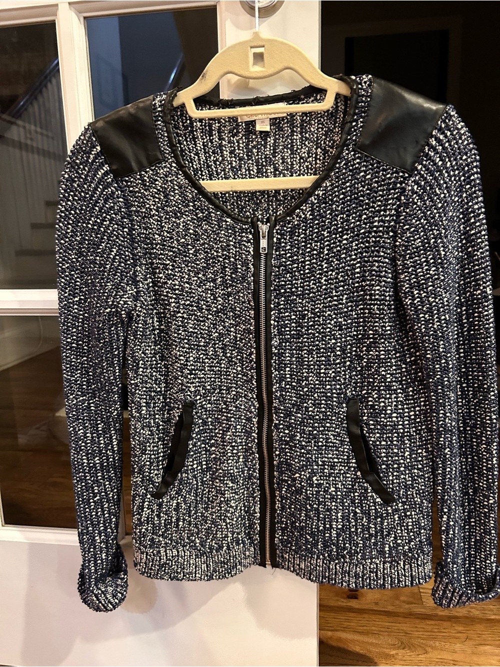 Womens Navy & White Knit Zip-Front Jacket with Black Leather Trim